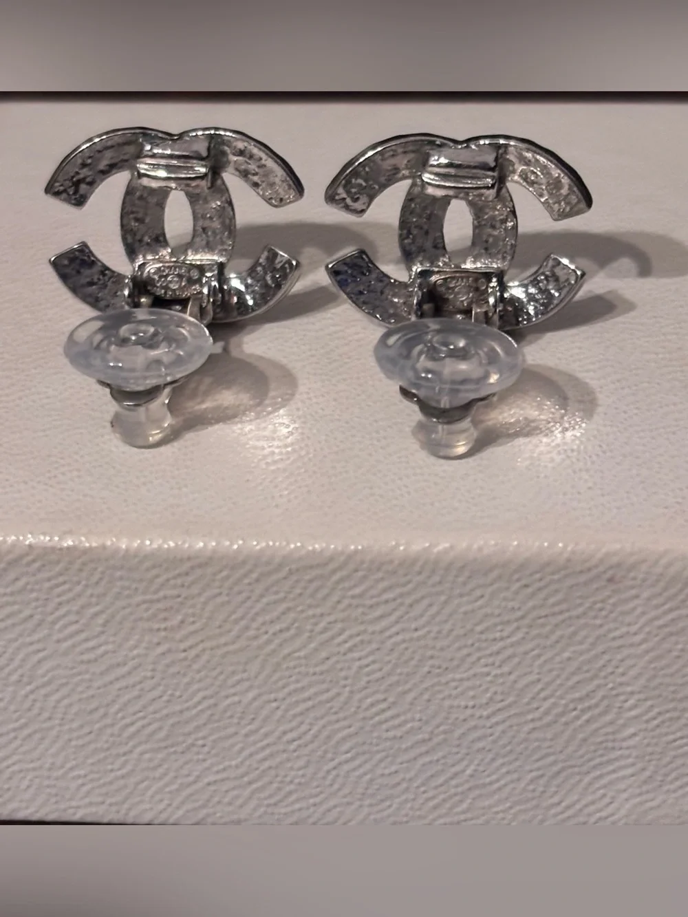 CHANEL Silver Quilted CC Logo Stud Earrings w/COA